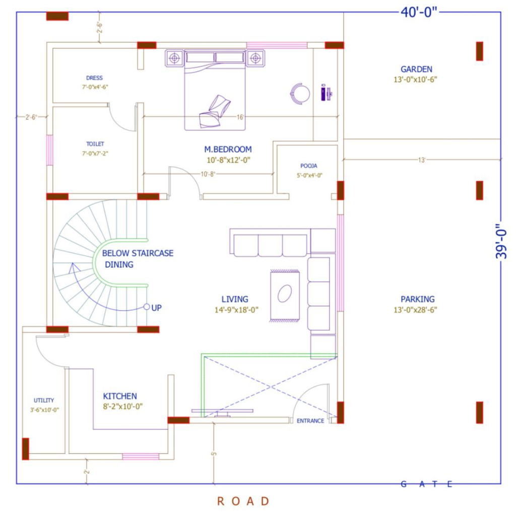 40' x 39' Luxury Villa – Ground Floor Plan
