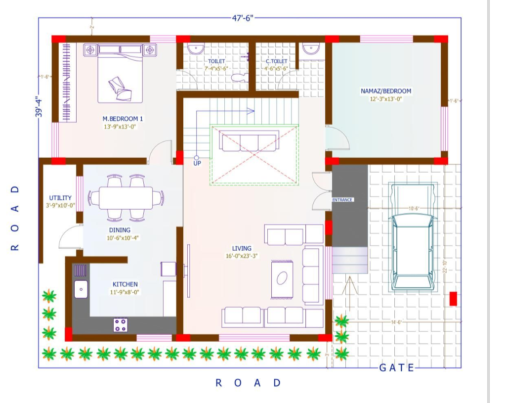 47'-6" x 39'-4" Luxury Corner Villa – Ground Floor Plan